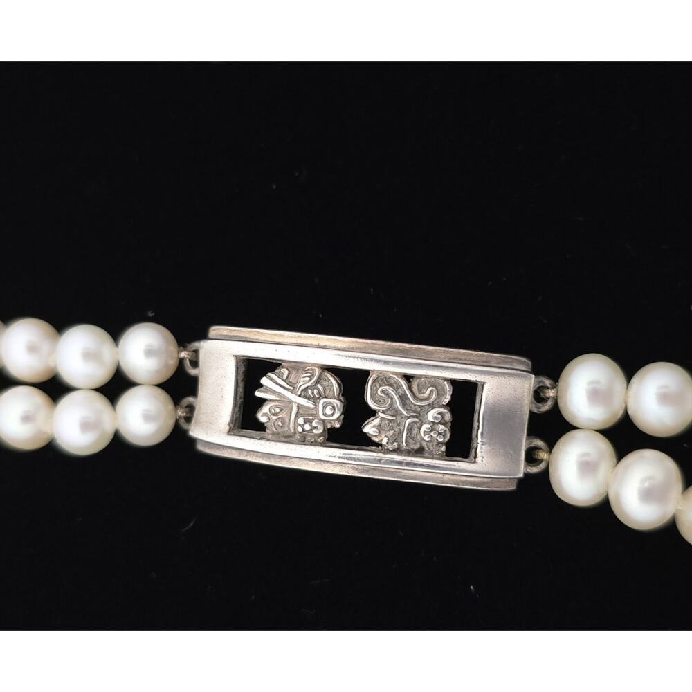 Vintage Mayan Head Sterling Silver Pearl Bracelet 5/8" Wide Signed MO - Picture 4 of 11